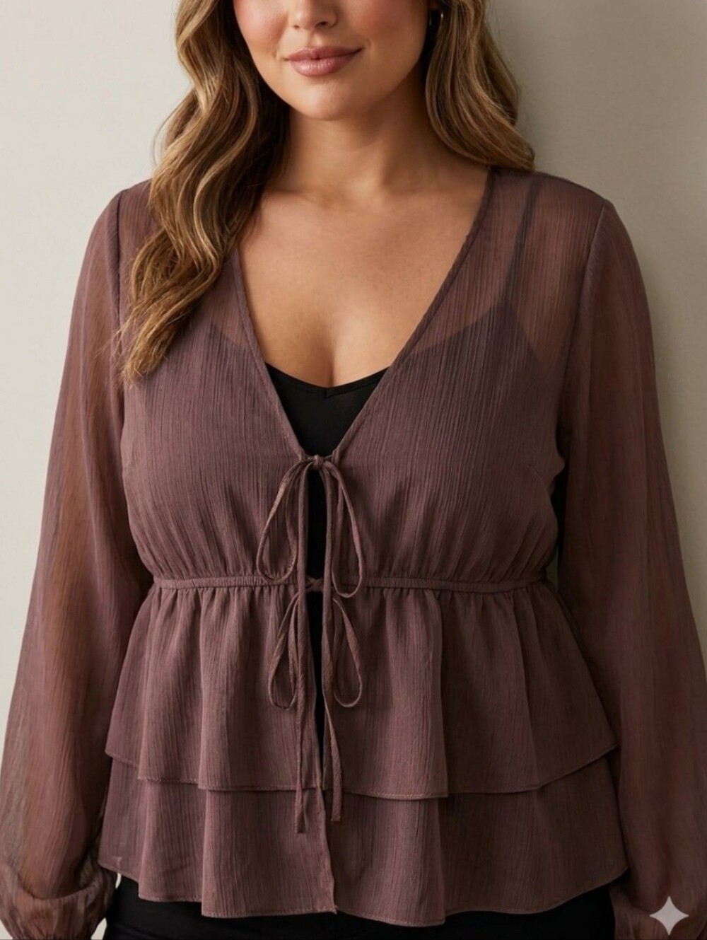 Streetwear Society Brown Sheer Chiffon Tie-Front Ruffle Blouse